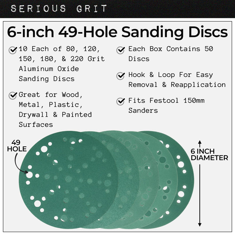  [AUSTRALIA] - Serious Grit 6-Inch 49-Hole, 80, 120, 150, 180, 220 Assorted Grit Sanding Discs - Premium Hook and Loop Heavy Duty Sandpaper Assortment for Random Orbital Sanders - 50 PACK BOX Mixed Grit