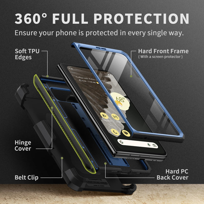  [AUSTRALIA] - Tongate for Google Pixel Fold Case(2023), [Bulit-in Screen Protector] [Hinge Protection] Military Grade Dual Layer Shockproof Rugged Phone Case with Kickstand & Belt Clip for Pixel Fold 5G, Blue