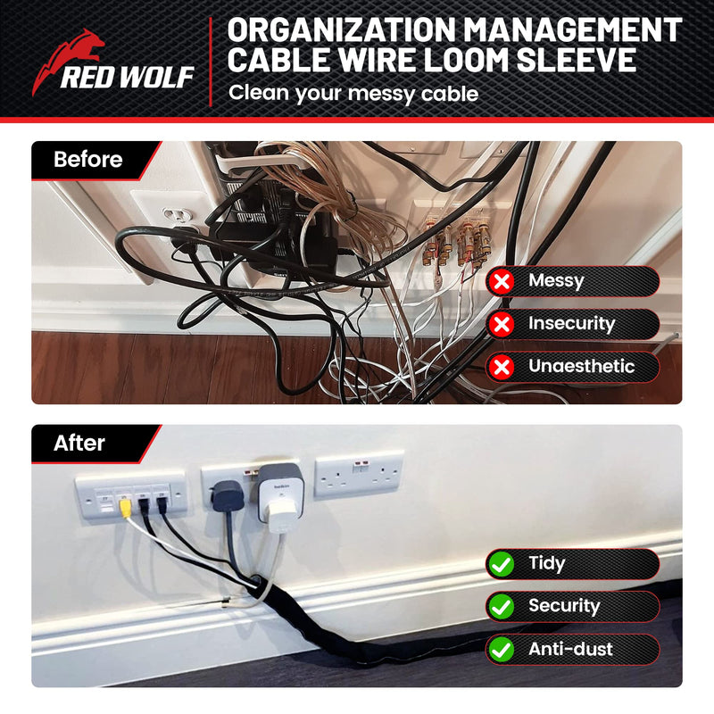  [AUSTRALIA] - RED WOLF Braided Wire Cable Sleeve Split Wiring Sleeving 10 Feet - 1/2" Flexible Self-Wrap for Automotive Computer Cable Cord Management Cover Protector, Anti-Scratch High-Temperature Black 1/2" x 10FT