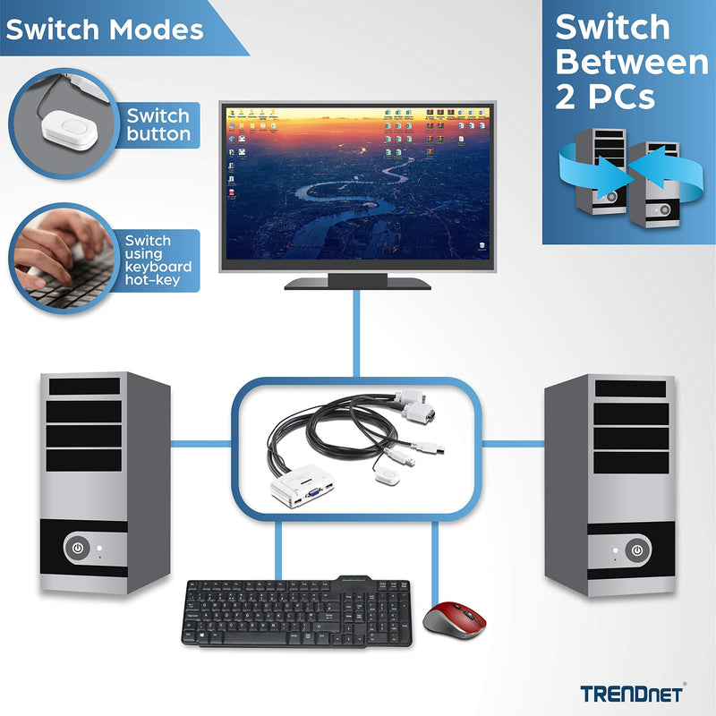  [AUSTRALIA] - TRENDnet 2-Port USB KVM Switch and Cable Kit, Manage Two PC's, USB 2.0, Auto-Scan, Hot-Keys, Windows/Linux/Mac 10.4 or Higher, TK-217i