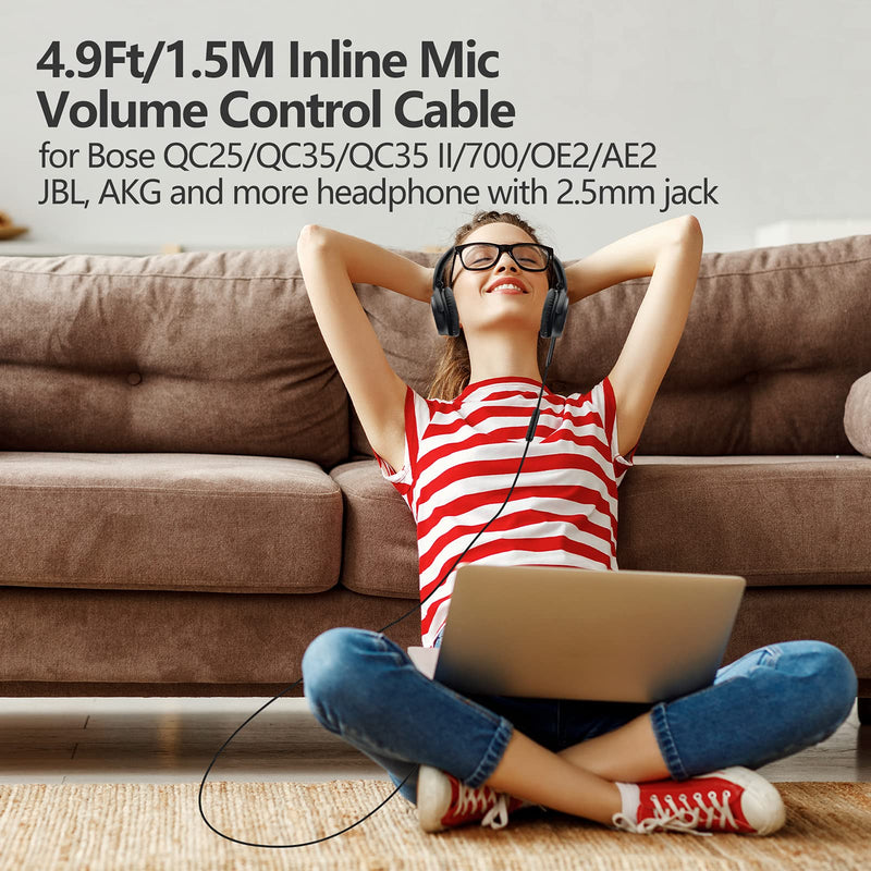  [AUSTRALIA] - Replacement for Bose Headphone Cord, 2.5mm to 3.5mm Audio Cable for Bose 700 QC25 QC35 QC35 II OE2 AE2, JBL E45BT E55BT E65BTNC, AKG Nylon Braided Wire with Inline Mic & Volume Control (1.5m, Black)