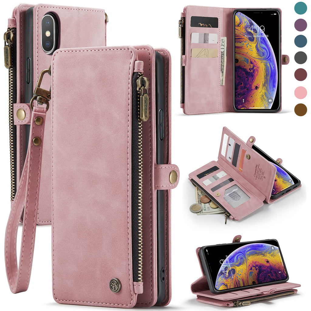  [AUSTRALIA] - Defencase for iPhone Xs Max Case, iPhone Xs Max Wallet Case for Women and Men with 9 Credit Card Holder Slots Zipper Wrist Strap PU Leather Protective Phone Case Wallet for iPhone Xs Max, Rose Pink Elegant Rose Pink