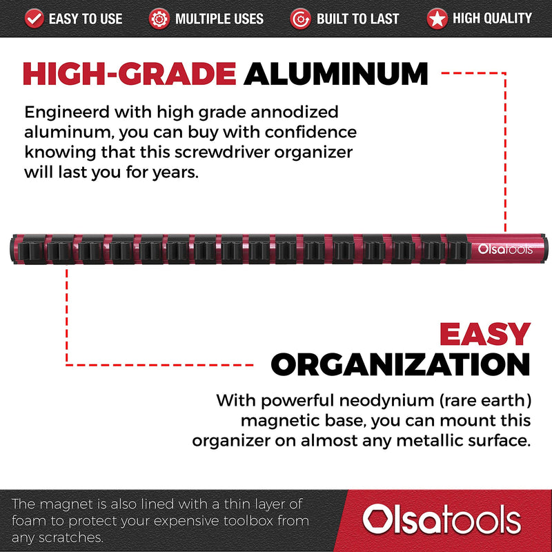 Olsa Tools Magnetic Screwdriver Organizer | Professional Quality Tool Holder | Fits up to 16 Screwdrivers | Red RED ORGANIZER / BLACK CLIPS - LeoForward Australia