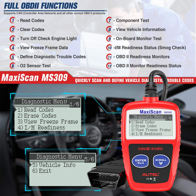  [AUSTRALIA] - Autel MaxiScan MS309 Universal OBD2 Scanner Engine Light Fault Code Reader, Reading & Erasing Codes, Viewing Freeze Frame Data and Retrieving I/M Readiness Smog CAN Diagnostic Tool