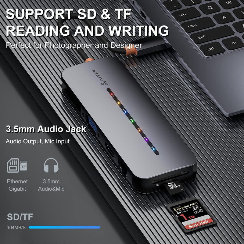  [AUSTRALIA] - Aitek USB C Multiport Adapter: 10 in 1 USB C Hub Docking Station for MacBook Pro with Indicator Light Dual Monitor Dongle 4K HDMI VGA 3 USB3.0 Ethernet SD/TF Card Reader 100W PD 3.5mm Audio for Laptop