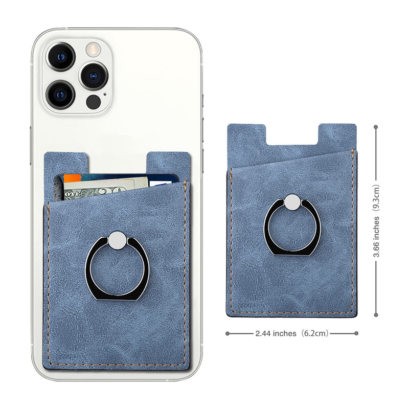  [AUSTRALIA] - Phone Card Holder with Phone Ring, Ring Wallets Combine a Finger Grip, Phone Ring Stand & Credit Card Sleeve into Thin Phone Wallets Stick On Universal to Any Cell Phone - Blue Leather