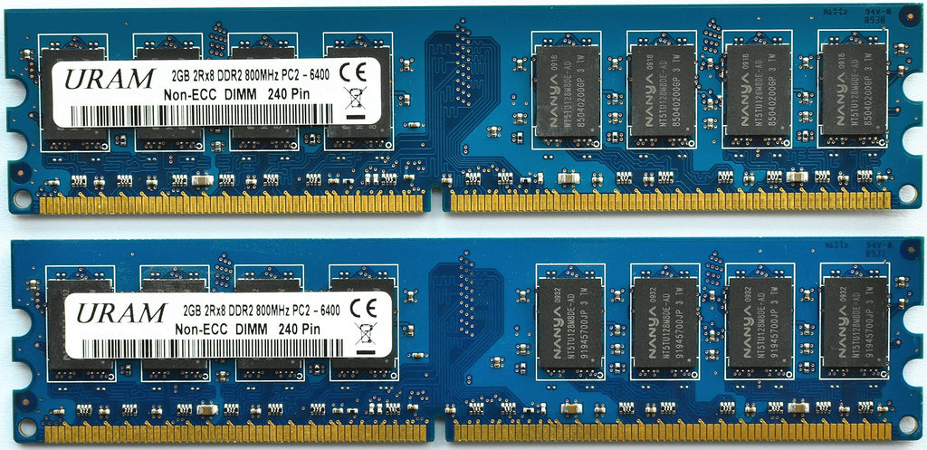  [AUSTRALIA] - URAM DDR2 SDRAM 4GB Kit (2X2GB) RAM 800MHz 2RX8 PC2-6400U PC2 6400 240 Pin 1.8V Non-ECC Unbuffered DIMM Nanya Chip Memory PC Computer Desktop Upgrade
