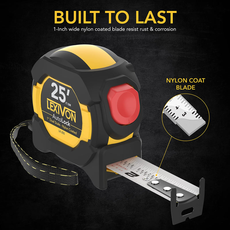  [AUSTRALIA] - LEXIVON 25Ft/7.5m AutoLock Tape Measure | 1-Inch Wide Blade with Nylon Coating, Matte Finish White & Yellow Dual Sided Rule Print | Ft/Inch/Fractions/Metric (LX-205) 25-Feet AutoLock