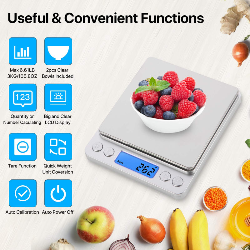  [AUSTRALIA] - Digital Kitchen Scale, Food Scale, Scale With Bowl 3000g/0.1g Stainless Steel Count Number Weight Grams and oz Cooking Baking Scale High Precision LCD Display
