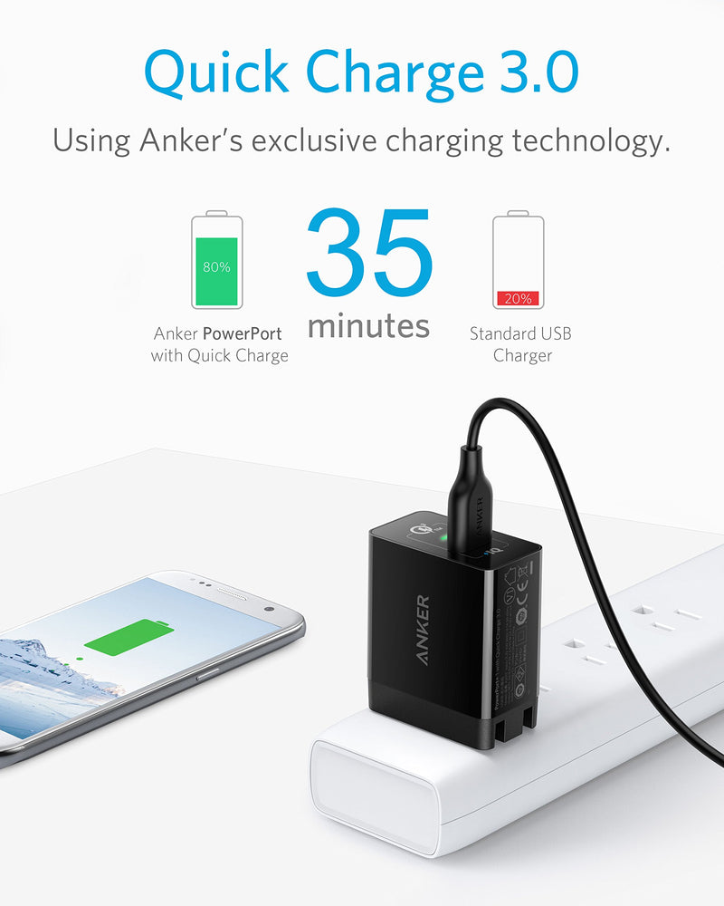  [AUSTRALIA] - Quick Charge 3.0, Anker 18W 3Amp USB Wall Charger (Quick Charge 2.0 Compatible) Powerport+ 1 for Anker Wireless Charger, Galaxy S10e/S10/S9/S8/Plus, Note 9/8, LG V40/V30+, iPhone, iPad and More Black