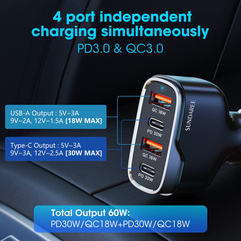  [AUSTRALIA] - Car Phone Charger, SUNDAREE 60W 4 Ports USB c Car Charger Fast Charging Cigarette Lighter Adapter, Dual QC 3.0 18W & PD 30W Charger Compatible with iPhone 14 13 12 11 Pro, Samsung Black