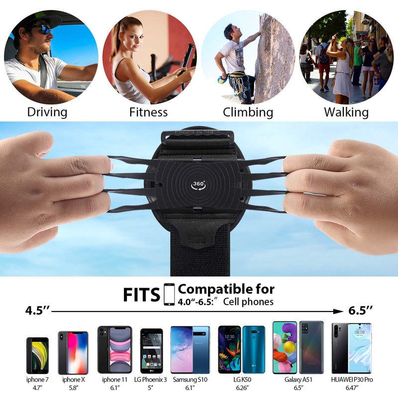  [AUSTRALIA] - HLOMOM Wristband Phone Holder for Running, 360°Rotation & Detachable Sports Armband with Key Holder for iPhone 12/11/Pro/Pro Max/XS/XR/X/8/7/6/Plus, Samsung Galaxy, Fits 4''-6.5''Phone S (Arm-circumference: 14-28cm)