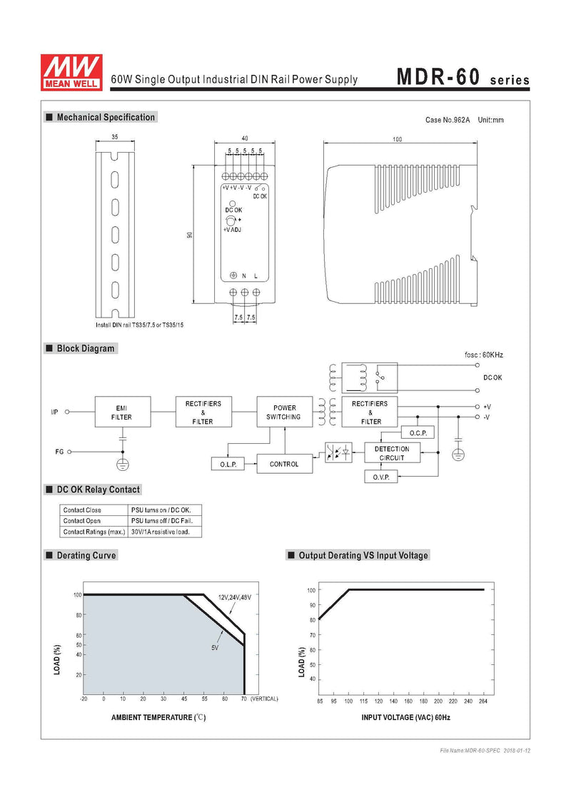 MEAN WELL MDR-60-5 AC to DC DIN-Rail Power Supply 5V 10 Amp 50W 1 - LeoForward Australia