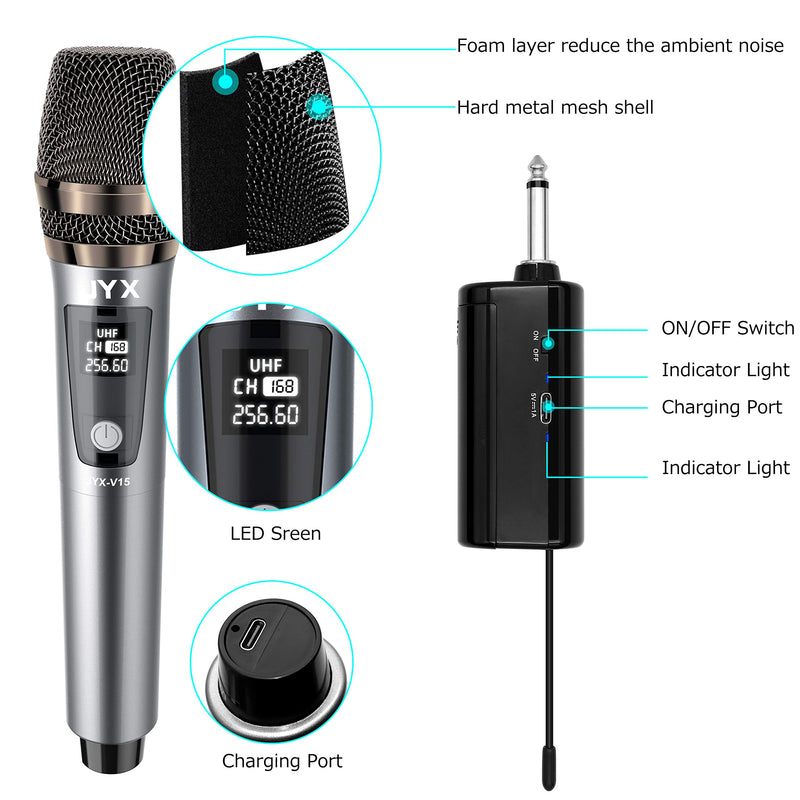 JYX Wireless Microphone, Dynamic Karaoke Microphone with Receiver and Anti-Slip Ring, 80ft Transmission Distance, Rechargeable Mic System for Karaoke Night, Meeting, Compere, Party JYX-V15 - LeoForward Australia