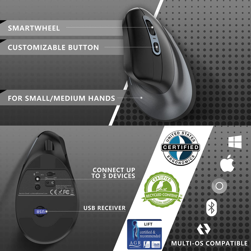  [AUSTRALIA] - Updated 2022 Version Megalodon Ergonomic Wireless Mouse, 2.4G Computer Vertical Carpal Tunnel Mouse, Rechargeable Mouse 3 Adjustable,4 Buttons for PC,Laptop, MAC ,Windows(Bluetooth or USB) (Black) Black
