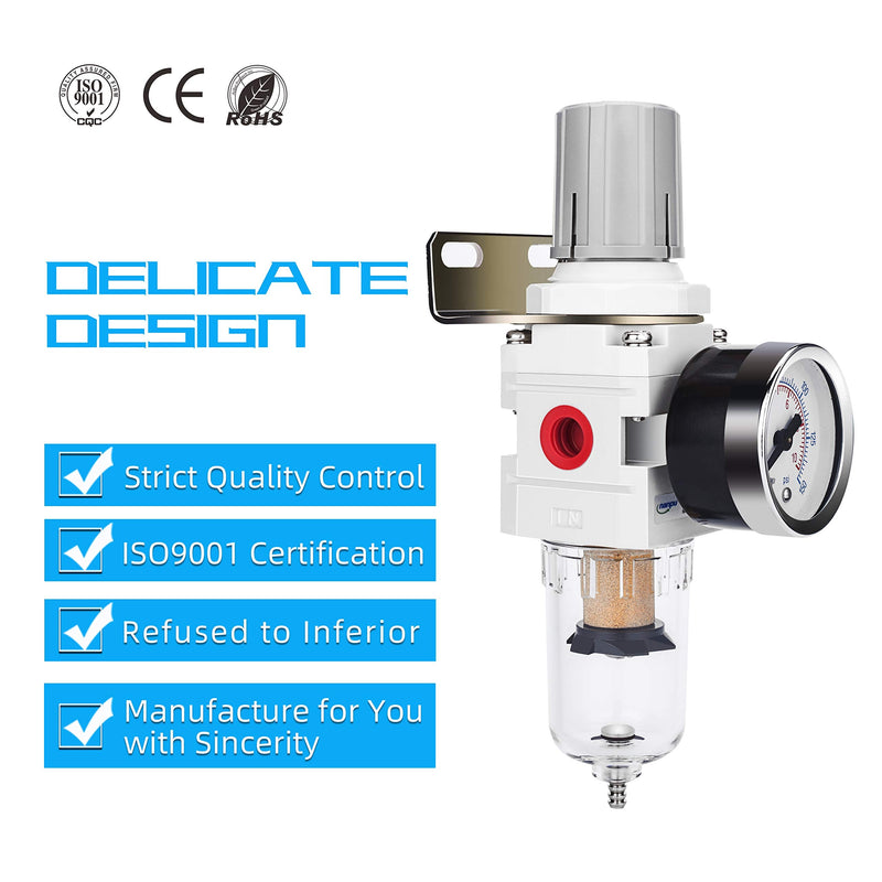  [AUSTRALIA] - NANPU 1/4" NPT Compressed Air Filter Regulator Combo Piggyback, 5 Micron Brass Element, Poly Bowl, Semi-Auto Drain, Metal Bracket, 0-150 psi Gauge