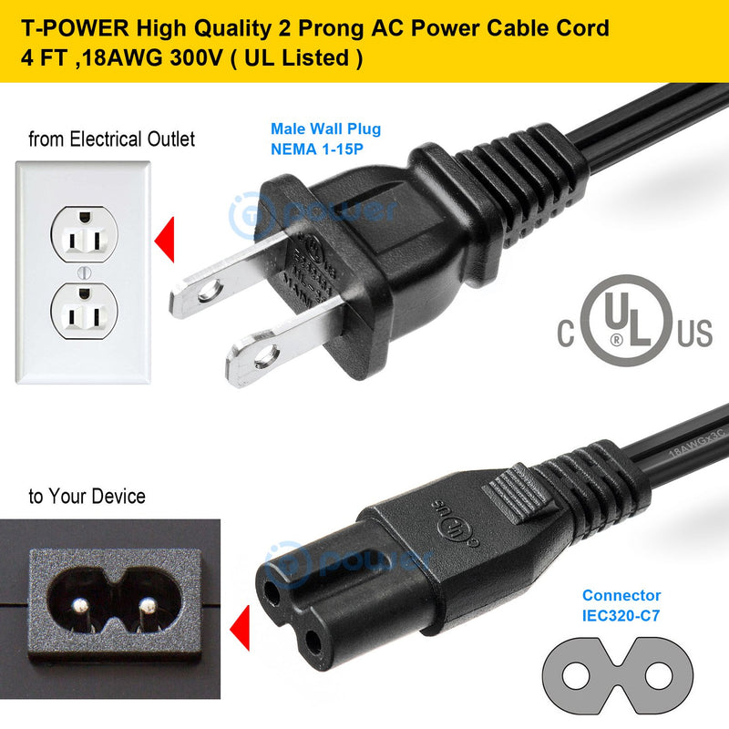 T POWER UL Listed 4FT 2 Prong Ac Lead Cable Cord Compatible with Haier Sony Insignia JVC Sharp TCL Toshiba Vizio Hisense Ultra HD Smart LED TV 26 28" 30" 32" 33" 40" 43" 49" 50" 55" 60" 65" LED Screen - LeoForward Australia