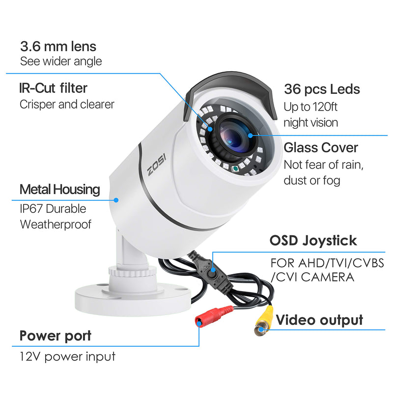  [AUSTRALIA] - ZOSI 2.0MP HD 1080p 1920TVL Security Camera Outdoor Indoor (Hybrid 4-in-1 HD-CVI/TVI/AHD/960H Analog CVBS),36PCS LEDs,120ft IR Night Vision,105° View Angle Weatherproof Surveillance CCTV Bullet Camera 1Cam