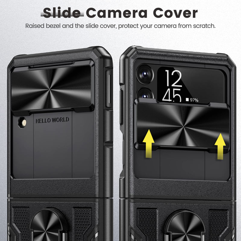  [AUSTRALIA] - Caka for Z Flip 4 Case, Galaxy Z Flip 4 Case with Kickstand & Belt-Clip Holster Camera Cover with Built-in 360°Rotate Ring Stand Magnetic Case for Samsung Galaxy Z Flip 4 -Black Black with Clip