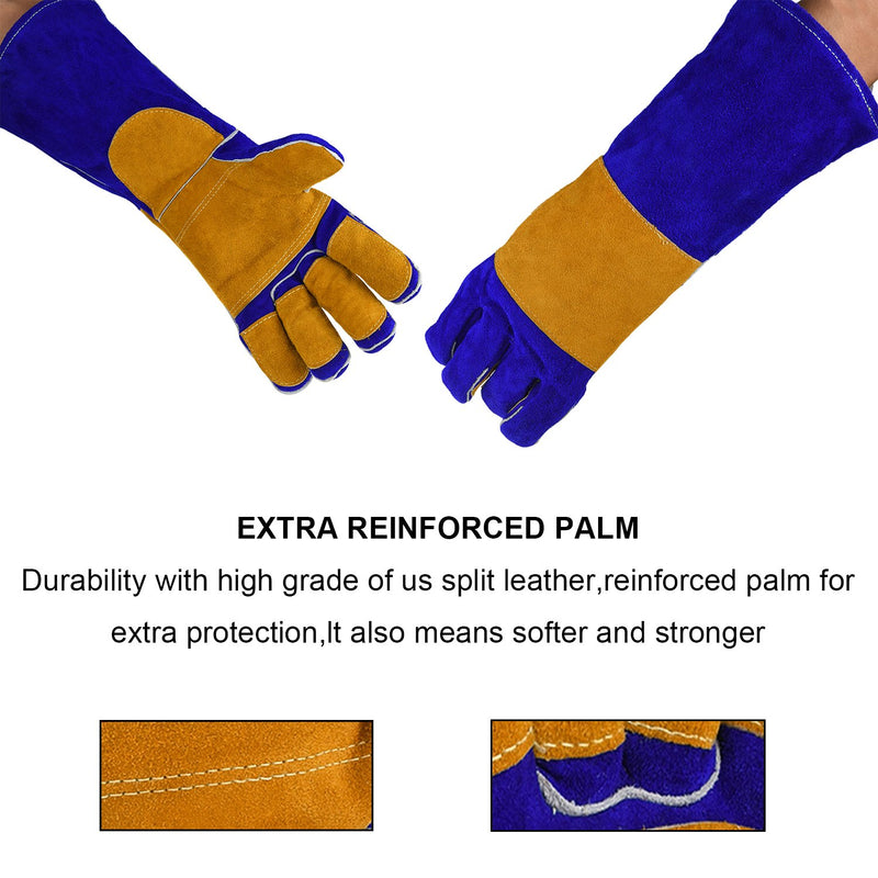  [AUSTRALIA] - NKTM Leather Welding Gloves EXTREME HEAT RESISTANT & WEAR RESISTANT - For Tig Welders/Mig/Fireplace/Stove/BBQ/Gardening, Blue - 16In