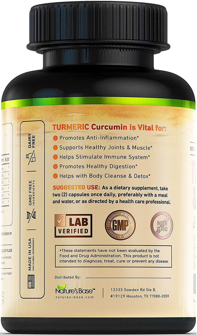 Turmeric Curcumin with Ginger & Apple Cider Vinegar, BioPerine Black Pepper, 95% Curcuminoids, Natural Joint & Healthly Inflammatory Support, Antioxidant Tumeric Supplement, Made in USA, Nature's Base 60 Count (Pack of 1) - LeoForward Australia