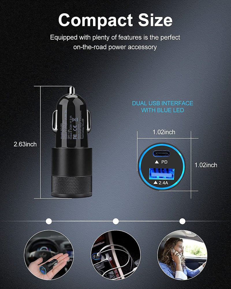 30W USB C Car Charger, [2Pack] PD 3.0 Fast Charge Dual Port USB Type C and 2.4a USB A Cargador Carro Lighter Adapter Base for iPhone, iPad, Samsung Galaxy, LG, Google Pixel GPS, Z Play Droid, Motorola Black-PD - LeoForward Australia