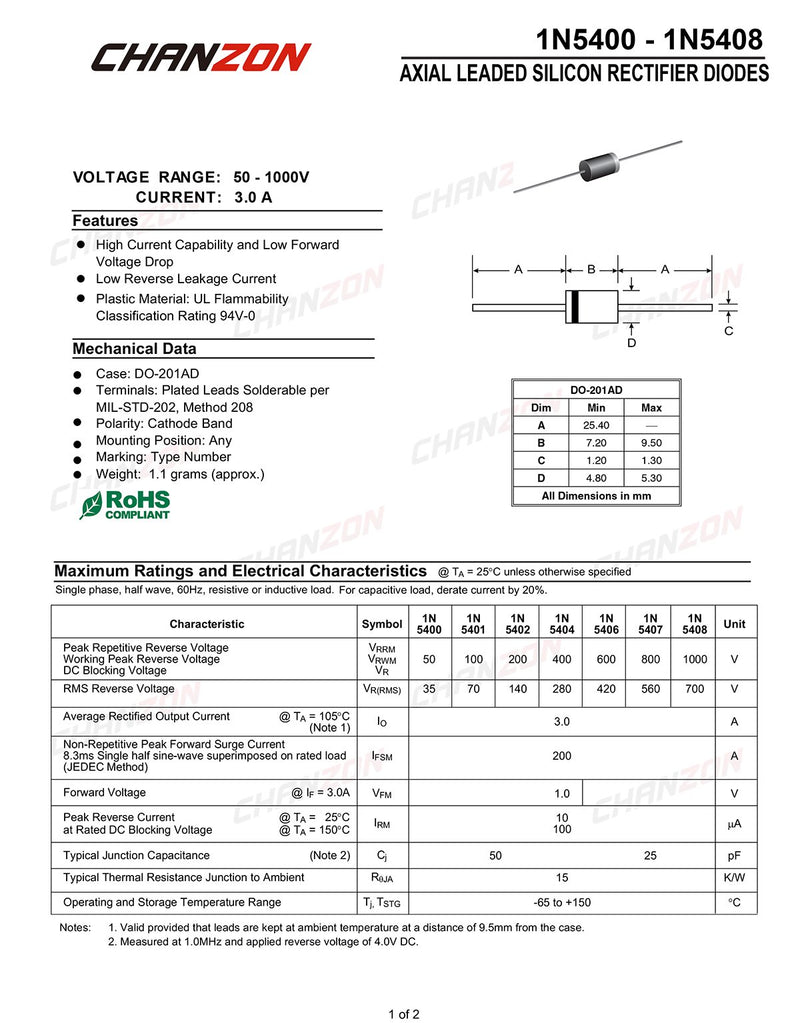 (Pack of 50 Pieces) Chanzon 1N5406 Rectifier Diode 3A 600V DO-201AD (DO-27) Axial 5406 IN5406 3 Amp 600 Volt Electronic Silicon Diodes - LeoForward Australia