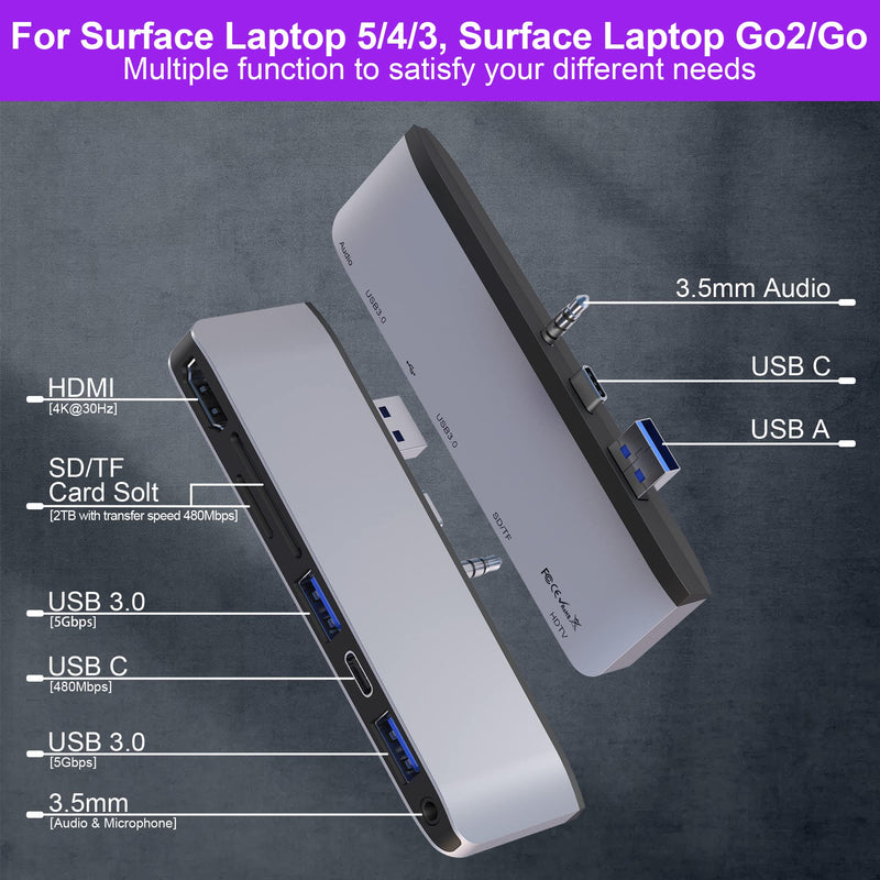  [AUSTRALIA] - Surface Laptop 5/Laptop 4/Laptop 3/Laptop Go/Laptop Go2 Hub Docking Station with 4K@30HZ HDMI +2*USB 3.0 +USB-C +SD TF Card Slot +3.5mm Audio Adapter for Surface Laptop 3/4/5/Laptop Go/Go2