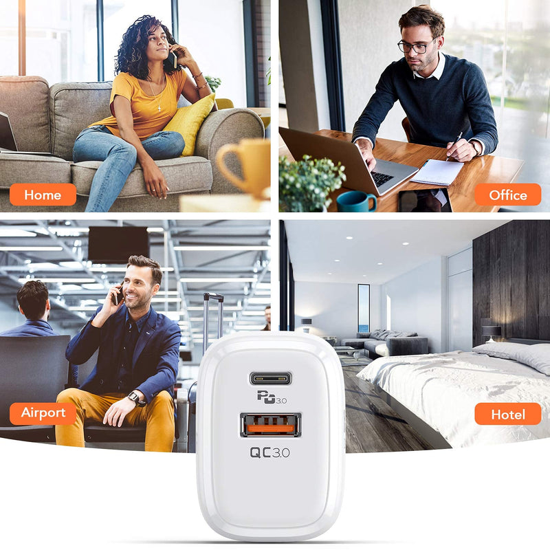  [AUSTRALIA] - USB C Wall Charger 20W, AGPTEK Dual Port PD Power Delivery + Quick Charge 3.0 Fast Charger Block Plug for iPhone 12/11 /Pro Max, XS/XR/X, 8/7/6, iPad Pro, AirPods Pro, Samsung Galaxy, Pixel (White)