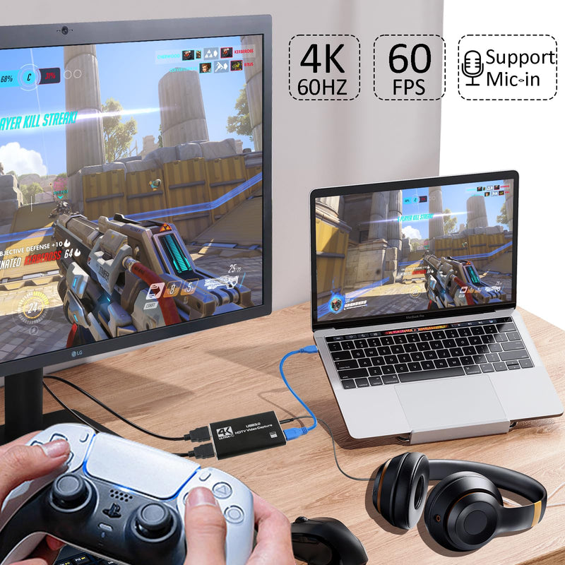  [AUSTRALIA] - 4K@60Hz Audio Video Capture Card, USB 3.0 HDMI Video Capture Device, Full HD 1080P, 3.5mm TRS Audio Input, HDCP2.2, for Game Recording, Live Streaming Broadcasting Black