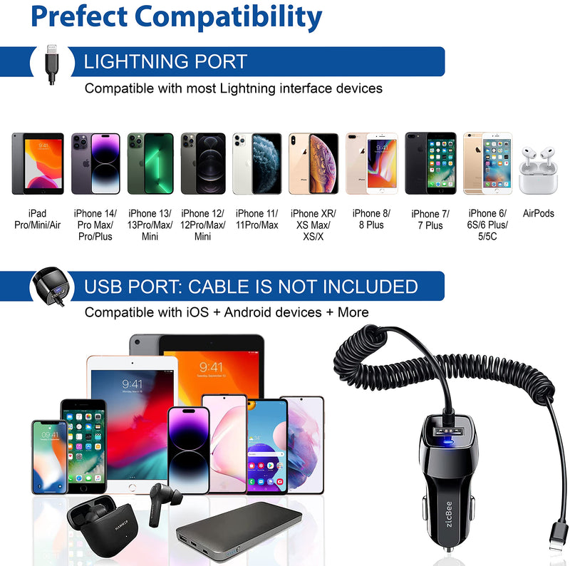 [AUSTRALIA] - Car Charger for iPhone, 3.6A/18W Built-in 4.9ft Spiral Lightning Coiled Cable, 12-24V Fast Charging Cigarette Lighter Plug Adapter for iPhone 14 13 12 11 Mini Pro Max Plus XR SE XS X 8 7 6 5, iPad