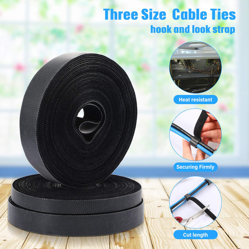  [AUSTRALIA] - 3 Rolls Fastening Tape Cable Ties Reusable Fastening Nylon Tape 1 Inch 1/2 Inch 3/4 Inch Double Side Hook Roll Hook and Loop Straps Wires Cords Management Wire Organizer Straps (30 Yard, Black)