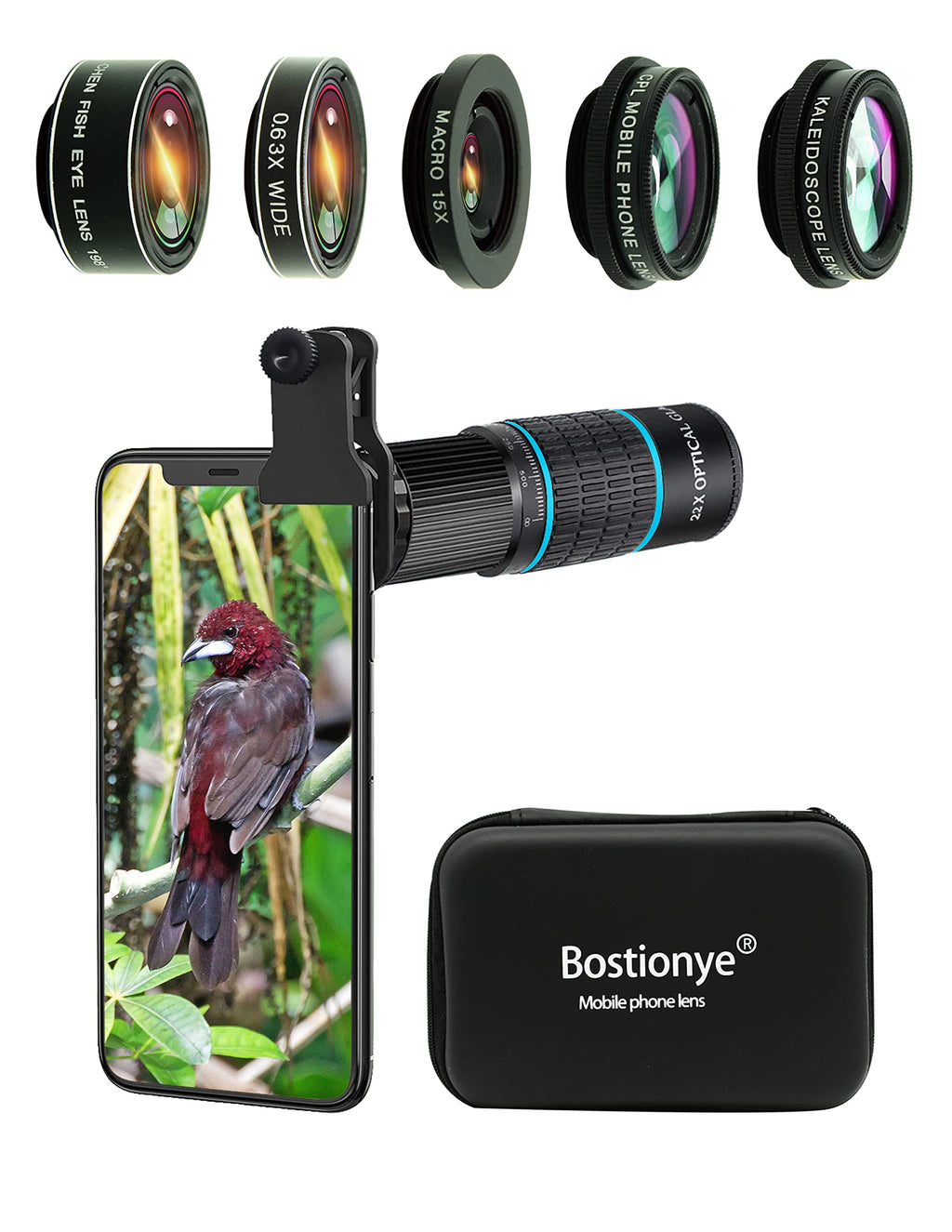  [AUSTRALIA] - Phone Camera Lens Kit 10 in 1 for iPhone Samsung Pixel Android, 22X Telephoto Lens, 0.63Wide Angle Lens&15X Macro Lens, 198° Fisheye Lens,Kaleidoscopes, CPL+Tripod，for Most Smartphone