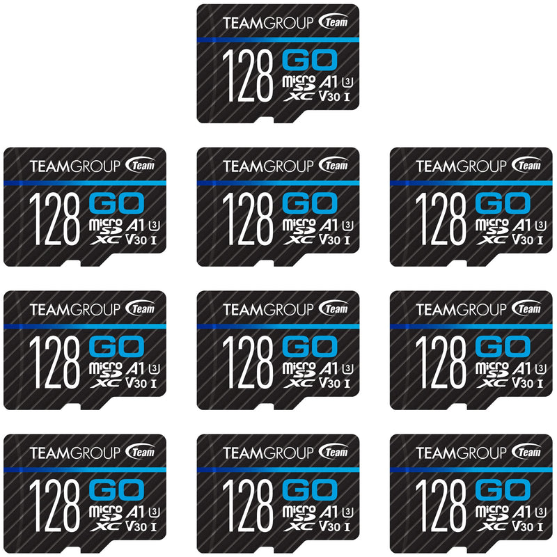  [AUSTRALIA] - TEAMGROUP GO Card 128GB 10 Pack Micro SDXC UHS-I U3 V30 4K for GoPro & Drone & Action Cameras High Speed Flash Memory Card with Adapter for Outdoor Sports, 4K Shooting, Nintendo-Switch TGUSDX128GU366 128GB (10pack)