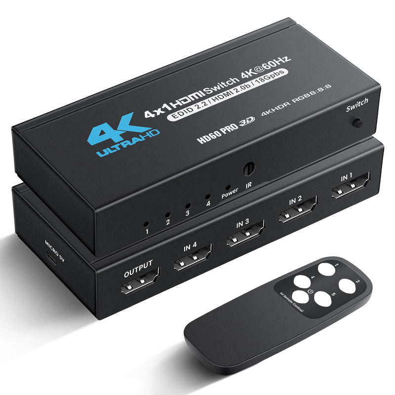  [AUSTRALIA] - NEWCARE HDMI Switch 4 in 1 Out 4K@60Hz, 4x1 HDMI Switcher with IR Remote, 4 Port HDMI Selector Box Support HDMI2.0, Dolby Vision/Atmos, HDR10 for Switch,Xbox, PS5/4, Roku, Fire Stick 4x1 4K@60Hz