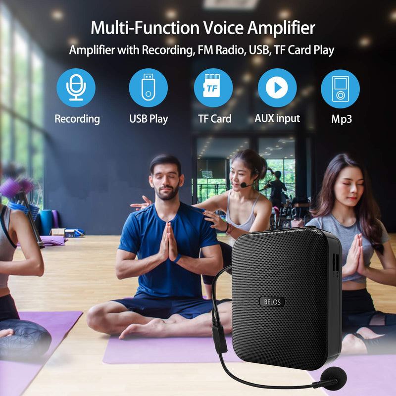  [AUSTRALIA] - Voice Amplifier BELOS Portable Rechargeable Mini Speaker with Wired Microphone Headset and Waistband, Support Record, MP3 TF Card for Teachers, Coaches, Tour Guide, Classroom, Outdoors, Elderly BLACK