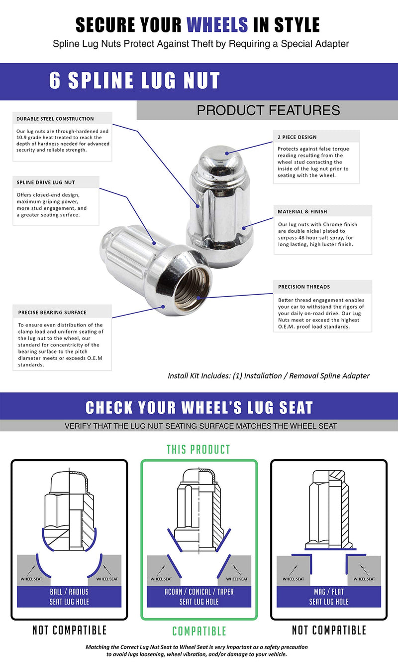 Wheel Accessories Parts Set of 20 1.38" Long Car Lug Nut Closed End Bulge Acorn Spline Lug Nuts Cone Seat Locking with Key (M12 x 1.50, Chrome) M12 x 1.50 - LeoForward Australia