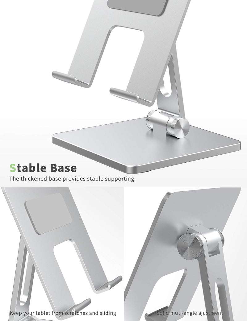 ALASHI Tablet Stand for Desk, Stable Tablet Holder with Heavy and Thickened Aluminum Base for Large Tablet Device, Multi-Angles Adjustable and Foldable, Universal Supports 7-13.3 Inches Tablet, Silver - LeoForward Australia