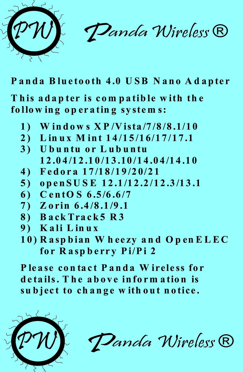 Panda Bluetooth 4.0 USB Nano Adapter - Windows XP/Vista/7/8/8.1/10, Mint, Ubuntu, Fedora, openSUSE, Lubuntu, Zorin, BackTrack5 R3, Kali Linux, Raspbrian Wheezy and OpenELEC - LeoForward Australia