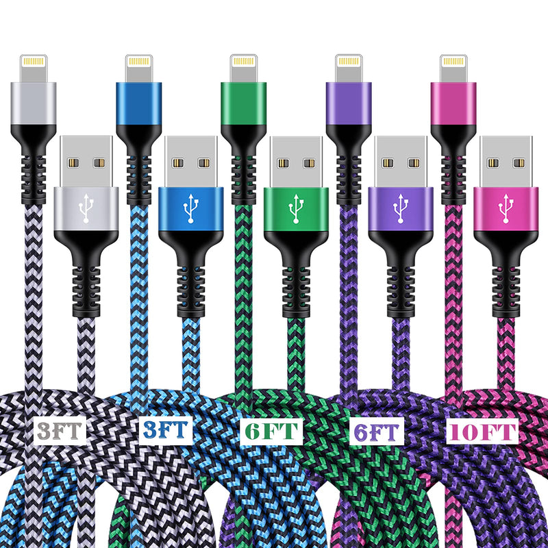  [AUSTRALIA] - USB Lightning to USB A Cable, 5Pack Fast Charge Nylon Braided Apple Cords, Original MFI Certified Chip Power Adapter Line Durable 6FT Long Cord for iPhone 12 Pro Max Mini SE2 11 X XR XS 8 Plus 7 6s 6 6Pack- Blue/3ft, White/3ft, Purple/6ft, Pink/6ft