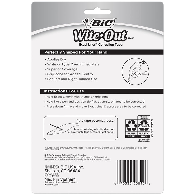  [AUSTRALIA] - BIC Wite-Out Brand Exact Liner Correction Tape, White Correction Tape, Grip Zone Provides Comfort and Control, 4-Count