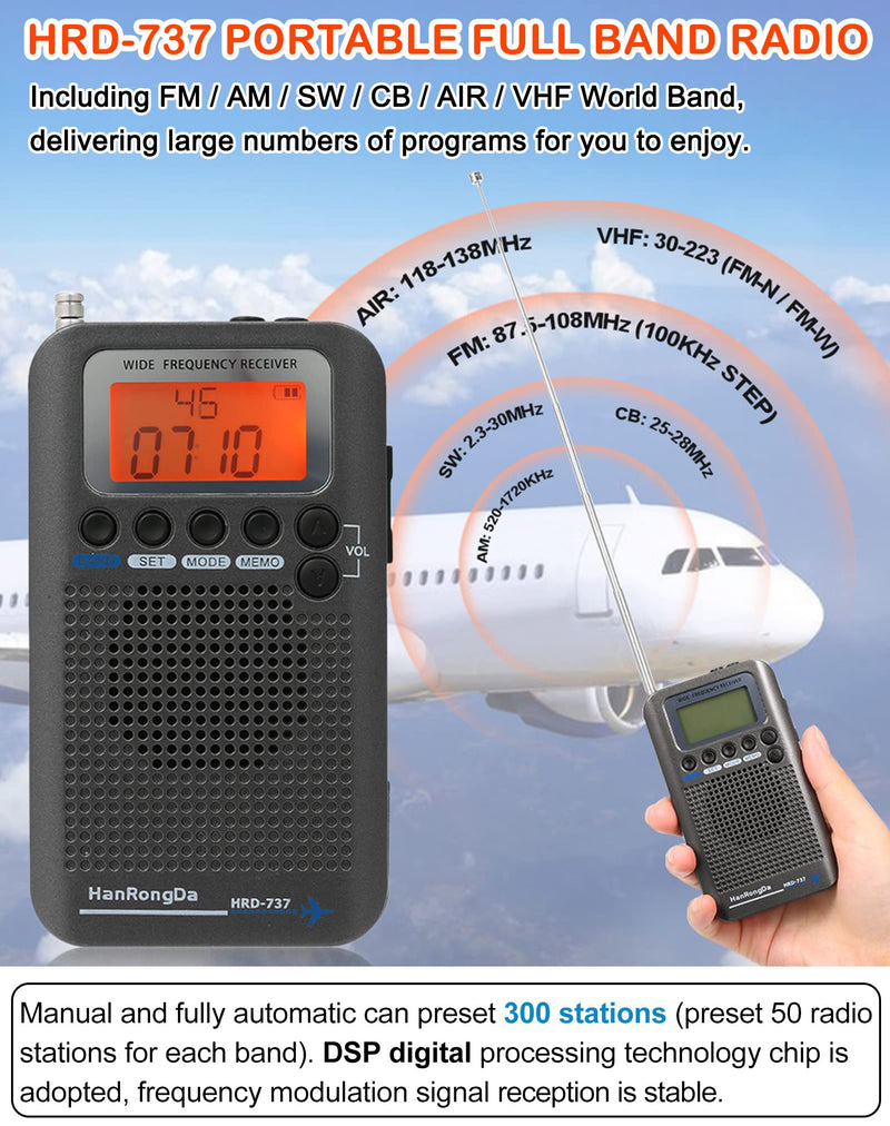  [AUSTRALIA] - HanRongDa CB Radio Portable VHF FM AM Shortwave with Speaker and Backlit, Air Band Receiver with Extend Antenna and 700mAh Battery, Full Band Digital Radios with Alarm Clock and Sleep Timer HRD-737