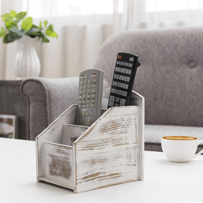  [AUSTRALIA] - MyGift Whitewashed Wood Remote Control Holder Organizer Caddy with 3 Compartments, TV Remote Media Remote Storage Box for Living Room