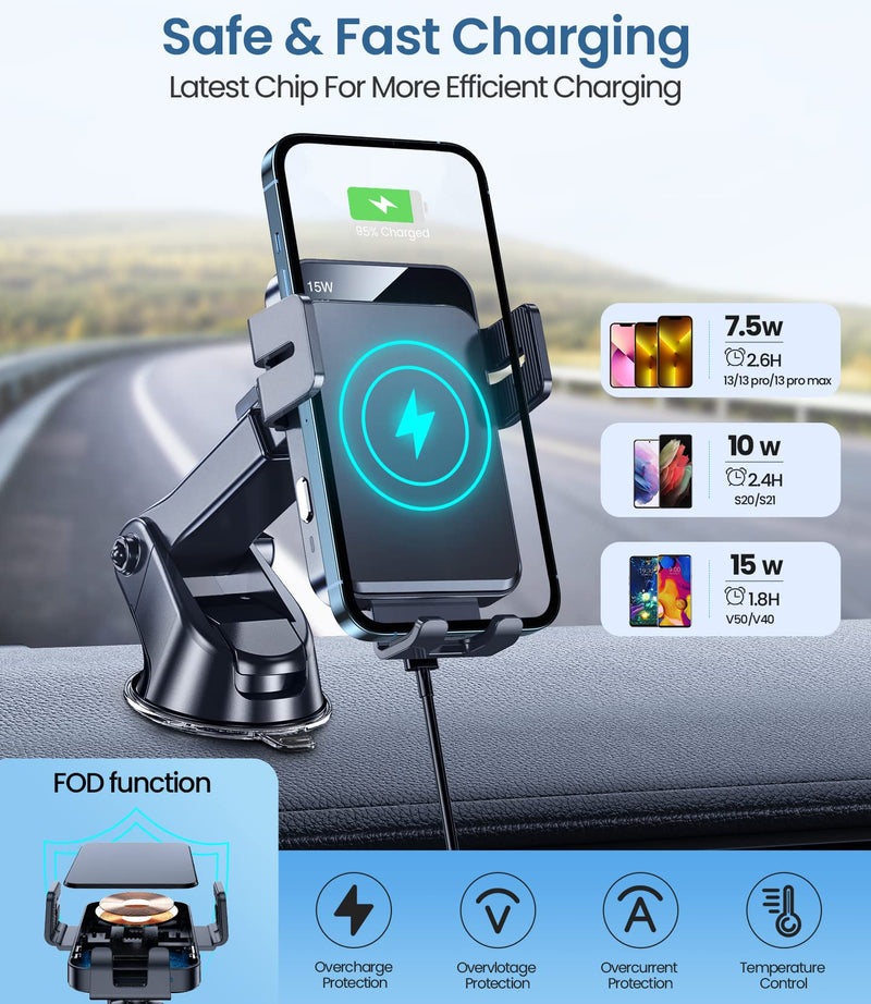  [AUSTRALIA] - Wireless Car Charger, MOKPR 3 in1 Long arm Car Mount, 15W Auto Clamping Car Charger Dash Windshield Air Vent Phone Holder Compatible with iPhone 14/13/13 Pro/12 pro/12/11/X/8, Samsung S23/S22/S21,etc