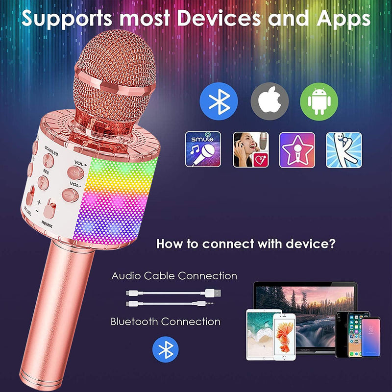  [AUSTRALIA] - Karaoke Microphone for Kids Adults, Wireless 4 in 1 Handheld Bluetooth Microphone with LED Lights, Portable Smartphone Speaker Boys Girls Singing Toys for Home KTV Outdoor Christmas Birthday Party Pink