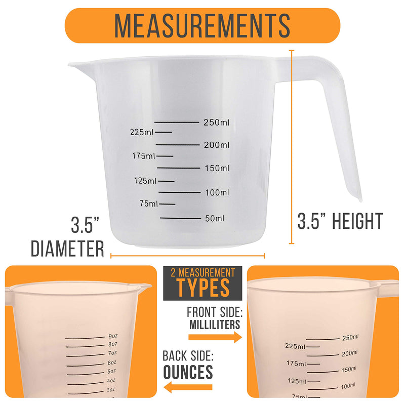  [AUSTRALIA] - U.S. Kitchen Supply - 8 oz (250 ml) Plastic Graduated Measuring Cups with Pitcher Handles (Pack of 6) - 1 Cup Capacity, Ounce and ML Cup Markings - Measure & Mix Recipe Ingredients, Flour, Water, Oil 8-Ounce