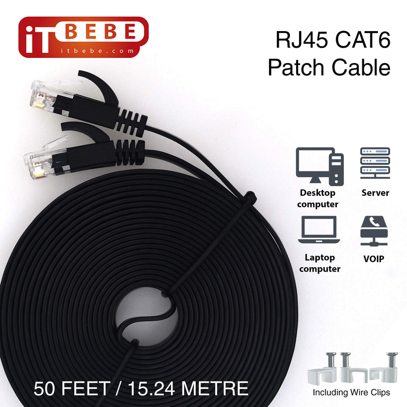  [AUSTRALIA] - ITBEBE Cat6 Ethernet Cable 50 ft, Black – Flat Internet Cord with 3 Micron Gold-Plated RJ45 Connectors and Snag-Proof Clips – Fast Speeds and Superior Signal Strength 50-ft Cat6 Black Cable