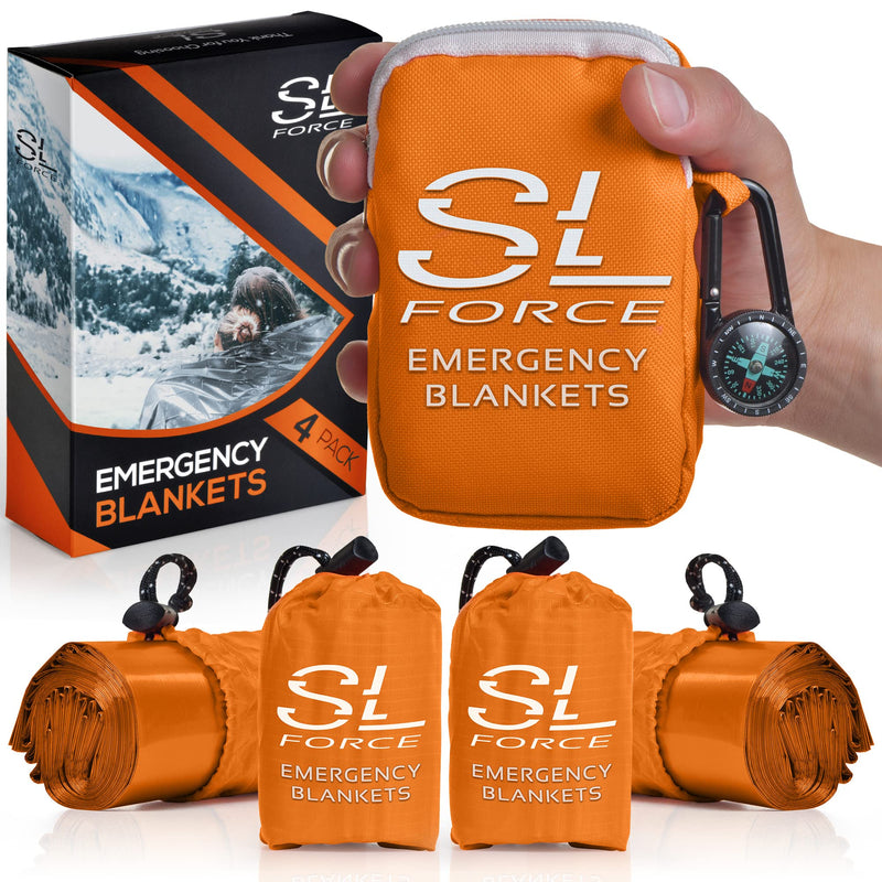  [AUSTRALIA] - SLFORCE Emergency Blankets for Survival, 4 Pack of Gigantic Space Blanket. Comes with Four Extra-Large Mylar Blankets, Compass, and Zipper Bag. The Best Thermal Space Blankets Survival Heavy Duty Orange