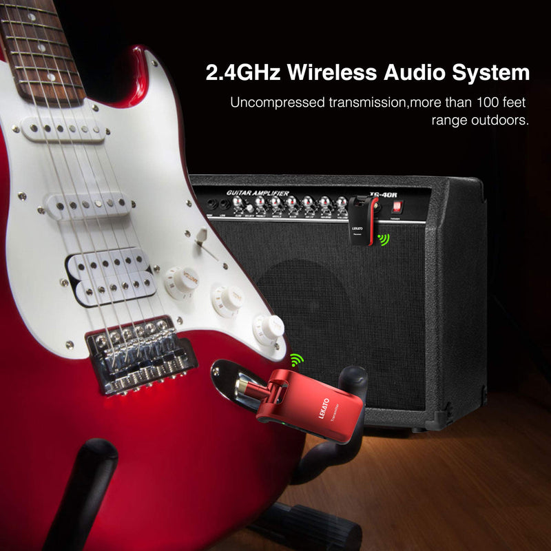  [AUSTRALIA] - LEKATO 2.4GHz Wireless Guitar System Built-in Rechargeable Lithium Battery Digital Transmitter Receiver for Electric Guitar Bass with 6 Channels, Stereo and Mono 1/4” & 1/8” 2 in 1 Plugs (Red & Black) red