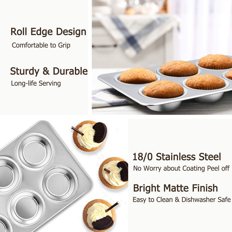  [AUSTRALIA] - TeamFar Muffin Pan, 6 Cup Muffin Tins Pans for Baking, Cupcake Pan Tray Set Stainless Steel for Making Cakes Cornbread Quiche and More, Healthy & Non Toxic, Oven & Dishwasher Safe - Set of 2
